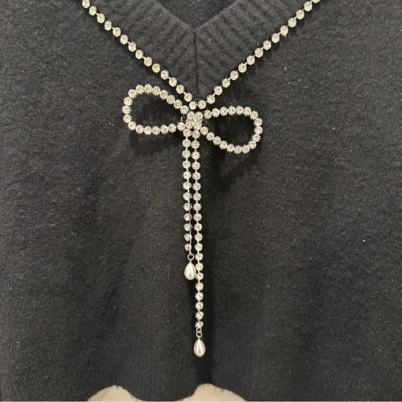 Express Rhinestone Bow Embellished Convertible Sweater Black Holiday New Years - Picture 10 of 15